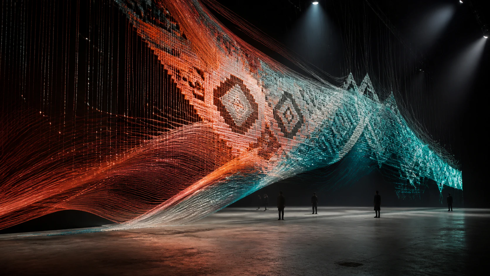 Instalación artística de fibras luminosas coral y cyan que representa la conexión del ecosistema latinoamericano